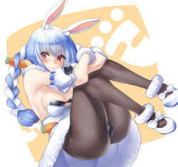 Rule 34 | 1girl, animal ear fluff, animal ears, ankle cuffs, arm garter, ass, black gloves, black leotard, black pantyhose, blue hair, blush, bow, braid, breasts, carrot, carrot hair ornament, cleavage, closed mouth, commentary, crossed arms, don-chan (usada pekora), dress, food-themed hair ornament, full body, fur-trimmed dress, fur-trimmed gloves, fur scarf, fur trim, gingami (giluziru), gloves, hair between eyes, hair ornament, hair ribbon, highres, hololive, hugging own legs, leotard, light blue hair, long hair, looking at viewer, medium breasts, multicolored hair, orange background, pantyhose, rabbit ears, red eyes, ribbon, shoes, simple background, smile, solo, strapless, strapless dress, streaked hair, symbol-only commentary, thick eyebrows, thighs, tress ribbon, twin braids, twintails, two-tone hair, usada pekora, usada pekora (1st costume), virtual youtuber, white background, white bow, white dress, white footwear, white hair