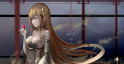 Rule 34 | 1girl, armpits, bare shoulders, blurry, blurry background, breasts, brown hair, cleavage, commentary request, covered navel, detached sleeves, floating hair, flower, green eyes, hair ornament, half-closed eyes, halterneck, hand up, highres, holding, holding flower, light particles, long hair, long sleeves, medium breasts, original, petals, pink flower, pink rose, revealing clothes, rose, sideboob, sidelocks, signature, solo, upper body, very long hair, wangchuan de quanyan