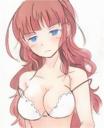 Rule 34 | 1girl, artist request, assault lily, bare shoulders, blue eyes, blush, bra, breasts, cleavage, collarbone, highres, kaede johan nouvel, large breasts, long hair, red hair, simple background, solo, tagme, underwear, white bra