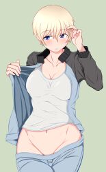 Rule 34 | 1girl, blue eyes, blue jacket, blue pants, blush, breasts, cleft of venus, closed mouth, clothes pull, commentary, cowboy shot, frown, girls und panzer, green background, jacket, keizoku military uniform, large breasts, long sleeves, looking at viewer, military uniform, navel, no panties, no shirt, open clothes, open jacket, opened by self, pants, pants pull, raglan sleeves, shirt, short hair, simple background, solo, standing, tanaka rikimaru, track jacket, track pants, uniform, white hair, white shirt, youko (girls und panzer)