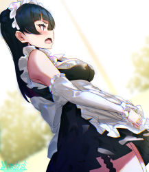 Rule 34 | 1girl, :o, apron, artist name, bare shoulders, black dress, black hair, blunt bangs, blurry, blurry background, blush, breasts, commentary request, cowboy shot, day, depth of field, detached sleeves, dress, dutch angle, fang, frilled apron, frilled sleeves, frills, from side, highres, long hair, long sleeves, looking away, love live!, love live! sunshine!!, maid apron, maid headdress, marshall (wahooo), medium breasts, open mouth, profile, red eyes, ribbon, sanpaku, sidelocks, solo, standing, tree, tsushima yoshiko, white apron, white ribbon, window