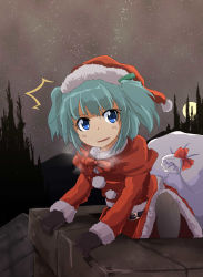 Rule 34 | 1girl, ^^^, absurdres, aqua hair, belt, black gloves, black pantyhose, blue eyes, blue hair, blush, bow, bowtie, breath, buttons, capelet, chimney, christmas, dress, fang, forest, full moon, gloves, hair ornament, hat, hayate-s, highres, kawashiro nitori, long sleeves, matching hair/eyes, moon, mountain, nature, night, night sky, nose blush, open mouth, pantyhose, pom pom (clothes), red dress, red hat, ribbon, rooftop, sack, santa costume, santa hat, short hair, sky, solo, star (sky), starry sky, surprised, sweatdrop, touhou, tree, twintails, two side up