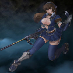 Rule 34 | 1girl, armor, armored dress, azure (armor), bad id, bad pixiv id, belt bra, blue theme, breasts, brown eyes, brown hair, capcom, cleavage, curvy, earrings, elbow gloves, gloves, gun, hairband, jewelry, large breasts, long hair, monster hunter, monster hunter (series), monster hunter frontier, rifle, solo, thighhighs, wancozow, weapon, zettai ryouiki