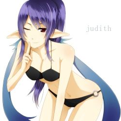 Rule 34 | 00s, 1girl, bikini, black bikini, blue hair, breasts, character name, english text, judith (tales), large breasts, long hair, lowres, navel, o-ring, o-ring bottom, official alternate costume, one eye closed, ouhina, pointy ears, purple hair, red eyes, smile, solo, swimsuit, tales of (series), tales of vesperia, text focus, white background, wink