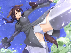 Rule 34 | 1girl, akitsuki karasu, animal ears, arms up, breasts, brown eyes, brown hair, day, dog ears, dual wielding, fang, female focus, flying, gertrud barkhorn, gun, holding, nature, open mouth, outdoors, panties, sky, solo, strike witches, tail, tree, underwear, weapon, world witches series