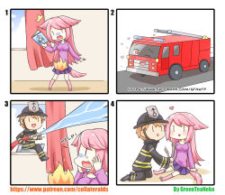 Rule 34 | 4koma, absurdres, animal ears, bad id, bad pixiv id, book, breasts, brown hair, comic, curtains, fire, fire truck, firefighter, greenteaneko, hand under clothes, heart, helmet, highres, hose, kneeling, ladder, medium breasts, monster girl, motor vehicle, one eye closed, open mouth, original, pink hair, skirt, smile, smoke, square 4koma, tail, triangle mouth, truck, water, window, | |
