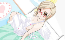 Rule 34 | 1girl, apron, breasts, derivative work, glasses, jpeg artifacts, large breasts, naked apron, sideboob, solo