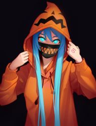 Rule 34 | 1girl, absurdres, adjusting clothes, black background, blue eyes, blue hair, bright pupils, dethmaid, hair between eyes, hair down, hand tattoo, hatsune miku, highres, hood, hood up, hoodie, long hair, looking at viewer, mask, mouth mask, number tattoo, orange hoodie, simple background, solo, tattoo, upper body, very long hair, vocaloid, white pupils
