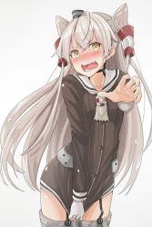 Rule 34 | 10s, 1girl, amatsukaze (kancolle), blush, brown dress, brown eyes, choker, clothes pull, covering privates, covering crotch, dress, dress pull, fang, garter straps, gloves, hair tubes, hairband, kantai collection, long hair, long sleeves, looking at viewer, open mouth, remil, sailor collar, sailor dress, short dress, silver hair, single glove, solo, teeth, thighhighs, two side up, white gloves, zettai ryouiki