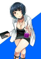 Rule 34 | 1girl, beaker, black dress, blue background, blue hair, breasts, brown eyes, cleavage, closed mouth, collar, dress, fingernails, head tilt, holding, invisible chair, jewelry, lab coat, large breasts, crossed legs, long sleeves, looking at viewer, necklace, persona, persona 5, short dress, short hair, sitting, smile, solo, studded collar, takemi tae, wakamesan