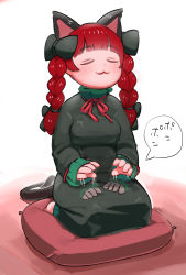 Rule 34 | 1girl, :3, absurdres, animal ears, black bow, blush, bow, braid, cat ears, cat tail, dress, extra ears, closed eyes, green dress, highres, kaenbyou rin, lap pillow invitation, multiple tails, pillow, red hair, seiza, serakawa, sitting, sitting on pillow, slapping, solo, tail, touhou, twin braids, two tails, white background