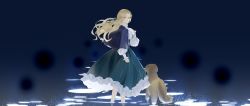 Rule 34 | 1girl, audrey hall, bare legs, blonde hair, cape, chinese commentary, commentary request, dated, dog, dress, golden retriever, green dress, green eyes, hand on own chest, highres, long hair, looking at viewer, looking back, lord of the mysteries, moychi, ocean, reflection, reflective water, ribbon, signature, susie (lord of the mysteries), water, white neckwear