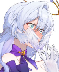 1girl bare_shoulders blue_eyes blush choker collarbone covering_face covering_own_mouth embarrassed full-face_blush gloves hair_between_eyes halo head_wings highres honkai:_star_rail honkai_(series) long_hair looking_ahead own_hands_together portrait purple_choker robin_(honkai:_star_rail) simple_background solo star_(symbol) ta_gk white_background white_gloves white_hair white_wings wings yellow_halo