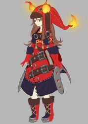 Rule 34 | 1girl, absurdres, black eyes, book, brown hair, closed mouth, fire, gloves, goggles, goggles around neck, grey background, hair between eyes, hat, highres, jacket, long hair, neko sheep, original, red footwear, red gloves, red hair, red jacket, simple background, sketch, solo, witch, zipper