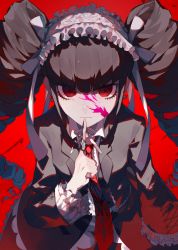 Rule 34 | 1girl, black hair, black jacket, black nails, blood, blood on face, bonnet, celestia ludenberg, center frills, chikichi, claw ring, commentary request, danganronpa: trigger happy havoc, danganronpa (series), drill hair, finger to own chin, frills, from above, frown, gothic lolita, highres, index finger raised, jacket, lolita fashion, long hair, long sleeves, looking at viewer, nail polish, necktie, pink blood, red background, red eyes, red necktie, serious, shirt, simple background, solo, twin drills, twintails, upper body