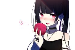 Rule 34 | 1girl, apple, armband, bare shoulders, black choker, black hair, black shirt, blush, choker, commentary request, cross, food, frown, fruit, heart, highres, holding, holding food, holding fruit, ichiki 1, latin cross, long hair, looking at viewer, nose blush, open mouth, original, red eyes, shade, shirt, sidelocks, simple background, sleeveless, sleeveless shirt, solo, tattoo, twintails, upper body, v-shaped eyebrows, white background