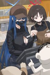 Rule 34 | 1boy, 1other, 2girls, apron, doodle sensei (blue archive), black hair, black mask, blue archive, blue eyes, blue hair, blue halo, breasts, brown apron, brown eyes, brown hair, buttons, cash register, cleavage, dark blue hair, dog, flying button, halo, headshot, highres, hood (james x), large breasts, long hair, mask, misaki (blue archive), mom&#039;s touch, mouth mask, multiple girls, open mouth, pants, popped button, red eyes, red halo, saori (blue archive), sensei (blue archive), short hair