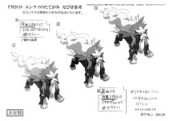 Rule 34 | 2010, absurdres, animal focus, character sheet, creatures (company), dated, entei, full body, game freak, gen 2 pokemon, highres, legendary pokemon, looking to the side, monochrome, multiple views, nintendo, no humans, official art, pokemon, pokemon: zoroark: master of illusions, pokemon (anime), pokemon (creature), pokemon dppt (anime), running, scan, sequential, spikes, standing