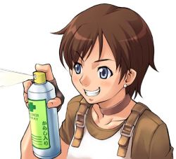 Rule 34 | 1girl, blue eyes, brown hair, collar, earrings, fingerless gloves, first aid, gloves, grin, jewelry, lowres, rebecca chambers, resident evil, resident evil 0, short hair, smile, solo, source request, spray can, takurou, takurou (mix fry)