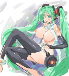 Rule 34 | 1girl, anklet, aoba shou, aowashou, barefoot, blush, breasts, bridal gauntlets, crossed legs, eyebrows, green eyes, green hair, hatsune miku, hatsune miku (append), headset, jewelry, large breasts, legs, long hair, long legs, matching hair/eyes, necktie, nipples, open clothes, open shirt, puffy nipples, shirt, sitting, sketch, solo, thighhighs, thighs, toeless legwear, toes, twintails, very long hair, vocaloid, vocaloid append