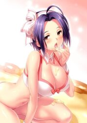 Rule 34 | 1girl, ahoge, arched back, arm at side, bare shoulders, blue hair, blush, bow, bra, breasts, brown eyes, cleavage, collar, commentary request, curvy, detached collar, eyelashes, fingernails, food, food on body, food on breasts, food on face, forehead, hair bow, hairband, hand up, idolmaster, idolmaster (classic), large breasts, licking, licking finger, looking at viewer, miura azusa, navel, open mouth, parted bangs, saliva, shiny skin, short hair, simple background, sitting, solo, thighs, tongue, tongue out, underwear, white background, white bow, white bra, white collar, white hairband, zen (kamuro)