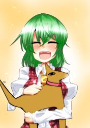 Rule 34 | 1girl, :d, ^ ^, anubis-kun, ascot, blush, breasts, closed eyes, collar, dog, dress shirt, closed eyes, female focus, green hair, happy, highres, kazami yuuka, open mouth, plaid, plaid vest, puffy sleeves, quality, shirt, short hair, smile, solo, tail, tail wagging, takorice, touhou, vest