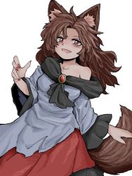 Rule 34 | 1girl, animal ear fluff, animal ears, blush, brooch, brown hair, dress, fang, fe (tetsu), fingernails, highres, imaizumi kagerou, jewelry, long fingernails, long hair, looking at viewer, nail polish, off shoulder, open mouth, red dress, red eyes, red nails, simple background, skin fang, smile, solo, tail, touhou, two-tone dress, white background, white dress, wolf ears, wolf tail