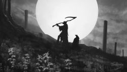 Rule 34 | 1boy, 1other, ambiguous gender, bloodborne, cloud, cloudy sky, commentary, copyright name, field, flower, flower field, fog, gehrman the first hunter, greyscale, hat, hill, holding, holding scythe, holding weapon, hunter (bloodborne), imminent hit, kneeling, male focus, monochrome, moon, nature, outdoors, pillar, scenery, scythe, silhouette, sky, spoilers, standing, tricorne, tripdancer, weapon, wide shot