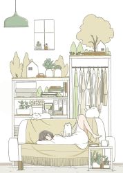 Rule 34 | 1girl, book, brown hair, cat, clothes hanger, cup, highres, lying, original, plant, potted plant, shelf, solo, tameikirakuda, tree, white cat, window