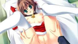 Rule 34 | 1girl, asakura yume, bell, blush, breasts, brown hair, da capo, da capo ii, embarrassed, game cg, gloves, green eyes, holding legs, looking at viewer, lying, medium breasts, nipples, no panties, on back, on bed, pussy, santa costume, solo focus, spread legs, surprised, thighhighs, third-party edit, uncensored