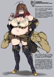 Rule 34 | .357mag, 1girl, absurdres, ahoge, belt, belt buckle, belt pouch, black footwear, boots, bottle, bracelet, breasts, brown hair, brown thighhighs, buckle, bullet, cigarette, closed mouth, commentary request, corset, covered erect nipples, elbow gloves, frills, full body, fur trim, glasses, gloves, hair between eyes, heterochromia, high heel boots, high heels, highres, holding, holding bottle, inverted nipples, jacket, jewelry, knee boots, looking at viewer, medium hair, midriff, mole, mole on breast, mouth hold, muffin top, multicolored hair, nail polish, navel, original, partially fingerless gloves, pouch, puffy nipples, red eyes, red hair, ring, scarf, semi-rimless eyewear, shadow, short shorts, shorts, skindentation, slit pupils, smoke, solo, standing, steel-toe boots, thick thighs, thighhighs, thighs, translation request, two-tone hair, under-rim eyewear, utility belt, waist cape, yellow eyes, yellow jacket