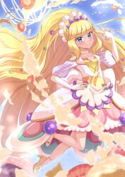 Rule 34 | 1girl, absurdres, akajiyuuki, blonde hair, blue eyes, blunt bangs, blush, bow, bridal gauntlets, brooch, choker, cure finale, delicious party precure, dress, food, fruit, gloves, hair ornament, heart, heart brooch, high heels, highres, jewelry, kasai amane, long hair, looking at viewer, magical girl, open mouth, parfait, precure, smile, solo, tiara, very long hair, white choker, white gloves, wide ponytail