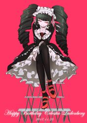 Rule 34 | 1girl, black dress, black jacket, black nails, black skirt, black thighhighs, brown hair, card, celestia ludenberg, closed mouth, danganronpa: trigger happy havoc, danganronpa (series), dated, dress, earrings, frilled skirt, frills, gothic lolita, half-closed eyes, happy birthday, headdress, highres, house of cards, jacket, jewelry, leaning forward, lolita fashion, nail polish, necktie, own hands together, pink background, playing card, red eyes, red necktie, shachoo (poco poco), simple background, skirt, smile, solo, thighhighs, twintails