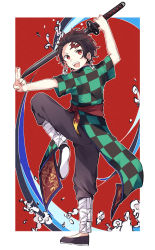 Rule 34 | 1boy, :d, absurdres, adapted costume, black footwear, black pants, border, brown hair, chinese clothes, earrings, from side, highres, holding, holding sword, holding weapon, jewelry, kamado tanjirou, katana, kimetsu no yaiba, leg lift, looking at viewer, makura (makura0128), male focus, open mouth, outstretched hand, pants, red background, salute, scar, scar on face, scar on forehead, smile, solo, standing, standing on one leg, sword, two-finger salute, weapon, white border