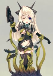Rule 34 | 1girl, black thighhighs, blonde hair, blue eyes, blush, colorized, elbow gloves, gloves, gun, highres, imminent rape, long hair, navel, nicole pmonachi, one eye closed, open mouth, original, simple background, solo, tears, tentacles, thighhighs, torn clothes, tsuzuki (tutukinegitarou), weapon, wink
