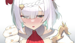 Rule 34 | 1girl, armor, ascot, blush, braid, commentary, flower, genshin impact, gradient background, green eyes, hair flower, hair ornament, hairclip, half-closed eyes, highres, noelle (genshin impact), olive (laai), open mouth, red ascot, rose, short hair, shoulder armor, silver hair, solo, upper body