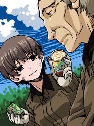 Rule 34 | 10s, 1boy, 1girl, brown eyes, brown hair, can, canned coffee, cloud, day, drink can, forest, freckles, girls und panzer, gloves, holding, jacket, military, military uniform, naomi (girls und panzer), nature, outdoors, r-ex, short hair, sky, soda can, standing, tommy lee jones, uniform, very short hair