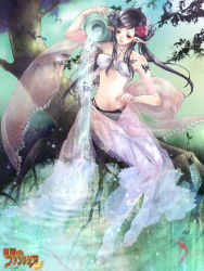 Rule 34 | 1girl, barefoot, black hair, blush, bug, butterfly, feet, fish, flower, gourd, insect, jewelry, long hair, mugen no fantasia, navel, necklace, non-web source, pointy ears, rindou (hotopoto), see-through, sitting, skirt, soaking feet, solo, spread toes, tattoo, toes, tree, veil, water