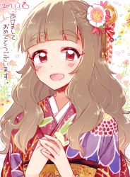 Rule 34 | 10s, 1girl, 2017, 6 (yuchae), blush, brown hair, chinese zodiac, dated, facing viewer, floral background, flower, hair flower, hair ornament, hair stick, idolmaster, idolmaster cinderella girls, japanese clothes, kamiya nao, kimono, looking at viewer, own hands together, red eyes, smile, solo, translation request, upper body, year of the rooster