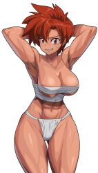 Rule 34 | 1girl, abs, arms behind head, borrowed character, breasts, cleavage, cowboy shot, fundoshi, highres, hojo azumi, japanese clothes, m.u.g.e.n, muscular, muscular female, original, red eyes, red hair, sarashi, scar, scar on face, short hair, solo, transparent background