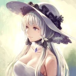 Rule 34 | 1girl, anbe yoshirou, azur lane, bare shoulders, blue eyes, blue gemstone, blush, breasts, cleavage, collarbone, dress, elbow gloves, gem, gloves, hair ornament, hair ribbon, hat, highres, illustrious (azur lane), lace trim, large breasts, long hair, looking afar, mole, mole under eye, ribbon, smile, solo, strapless, strapless dress, sun hat, upper body, white dress, white gloves, white hair, white hat