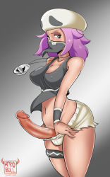 Rule 34 | 1futa, afrobull, blush, breasts, cleavage, covered erect nipples, creatures (company), erection, futanari, game freak, highres, looking at viewer, mask, navel, nintendo, npc trainer, penis, pokemon, purple eyes, purple hair, shorts, solo, standing, team skull, team skull grunt, thick thighs, thighs, wide hips