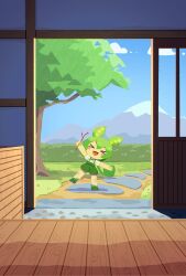 Rule 34 | &gt; &lt;, 1girl, architecture, arm up, blue sky, blush, branch, cloud, commentary, day, doorway, east asian architecture, from inside, green footwear, green hair, green shorts, highres, holding, holding branch, konohoshi, mountain, open door, open mouth, shirt, shoes, short sleeves, shorts, sky, sliding doors, smile, solo, standing, suspender shorts, suspenders, symbol-only commentary, tree, voicevox, white shirt, wide shot, wooden floor, zundamon