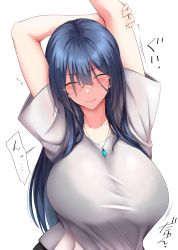 Rule 34 | 1girl, arms behind head, arms up, black hair, blush, breasts, closed eyes, closed mouth, collarbone, glasses, highres, jewelry, large breasts, long hair, ootori subaru, original, pendant, shirt, sidelocks, solo, stretching, white shirt