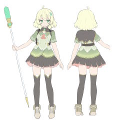 Rule 34 | 1girl, ahoge, black capelet, black skirt, black thighhighs, blonde hair, blush, boots, brown footwear, capelet, closed mouth, commentary request, flower, green eyes, green flower, green shirt, green vest, hair flower, hair ornament, highres, holding, holding staff, looking at viewer, multiple views, original, pleated skirt, sekira ame, shirt, short sleeves, sidelocks, simple background, skirt, staff, thighhighs, thighhighs under boots, turnaround, vest, white background