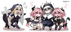 Rule 34 | 1girl, 3boys, ahoge, artist name, astolfo (fate), astolfo (saber) (fate), bare shoulders, belt, blonde hair, blush, bodysuit, boots, bow, braid, braided ponytail, breasts, brown eyes, bulge, chibi, collar, commentary request, covered navel, cross, cross necklace, demon boy, demon horns, demon tail, demon wings, denim, denim shorts, elbow gloves, fang, fate/apocrypha, fate/grand order, fate (series), flying sweatdrops, full body, gloves, grey hair, habit, hair between eyes, hair bow, hair through headwear, haoro, heart, high heels, holding, holding cross, holding hands, horns, jeanne d&#039;arc (fate), jeanne d&#039;arc (ruler) (fate), jewelry, large breasts, leotard, licking lips, long hair, long sleeves, looking at another, midriff, multiple boys, navel, necklace, nun, open fly, open mouth, pink hair, pointing, pointy ears, pubic tattoo, purple eyes, running, shadow, shorts, sieg (fate), simple background, skin fang, standing, striped clothes, striped thighhighs, tail, tattoo, thigh boots, thigh strap, thighhighs, tongue, tongue out, trap, twintails, twitter username, very long hair, watermark, white background, wings, yaoi