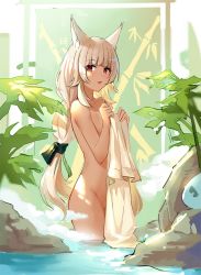 Rule 34 | 1girl, animal ear fluff, animal ears, blonde hair, covering privates, green ribbon, groin, hair ribbon, hands up, holding, holding towel, long hair, looking at viewer, low-tied long hair, nude cover, onsen, original, parted lips, red eyes, ribbon, solo, standing, towel, very long hair, wading, wangqi, water