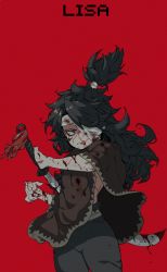 Rule 34 | 1girl, bandage over one eye, black hair, blood, buddy (lisa), copyright name, highres, licking lips, lisa (series), lisa the joyful, long hair, norasame (dagako), poncho, red background, red eyes, scar, solo, spoilers, sword, tongue, tongue out, weapon