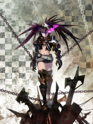 Rule 34 | 10s, 1girl, armor, armored boots, belt, bikini, bikini top only, black hair, black rock shooter, boots, cancer (zjcconan), chain, chained, chained wrists, choker, claws, expressionless, fire, front-tie top, gauntlets, glowing, glowing eyes, gradient background, highres, insane black rock shooter, jacket, long hair, looking at viewer, midriff, navel, open clothes, purple eyes, purple fire, ringed eyes, short shorts, shorts, solo, star (symbol), swimsuit, torn clothes, twintails