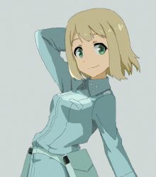 Rule 34 | 1girl, arm behind head, bad id, bad pixiv id, blonde hair, elma leivonen, green eyes, long sleeves, looking at viewer, military, military uniform, oekaki, shiratama (hockey), short hair, silver background, simple background, smile, solo, strike witches, strike witches: suomus misfits squadron, uniform, world witches series